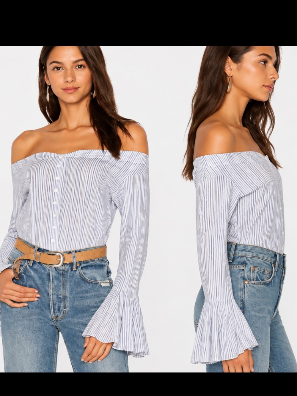 Free People March to the Beat Off the Shoulder Striped Top flared bell…